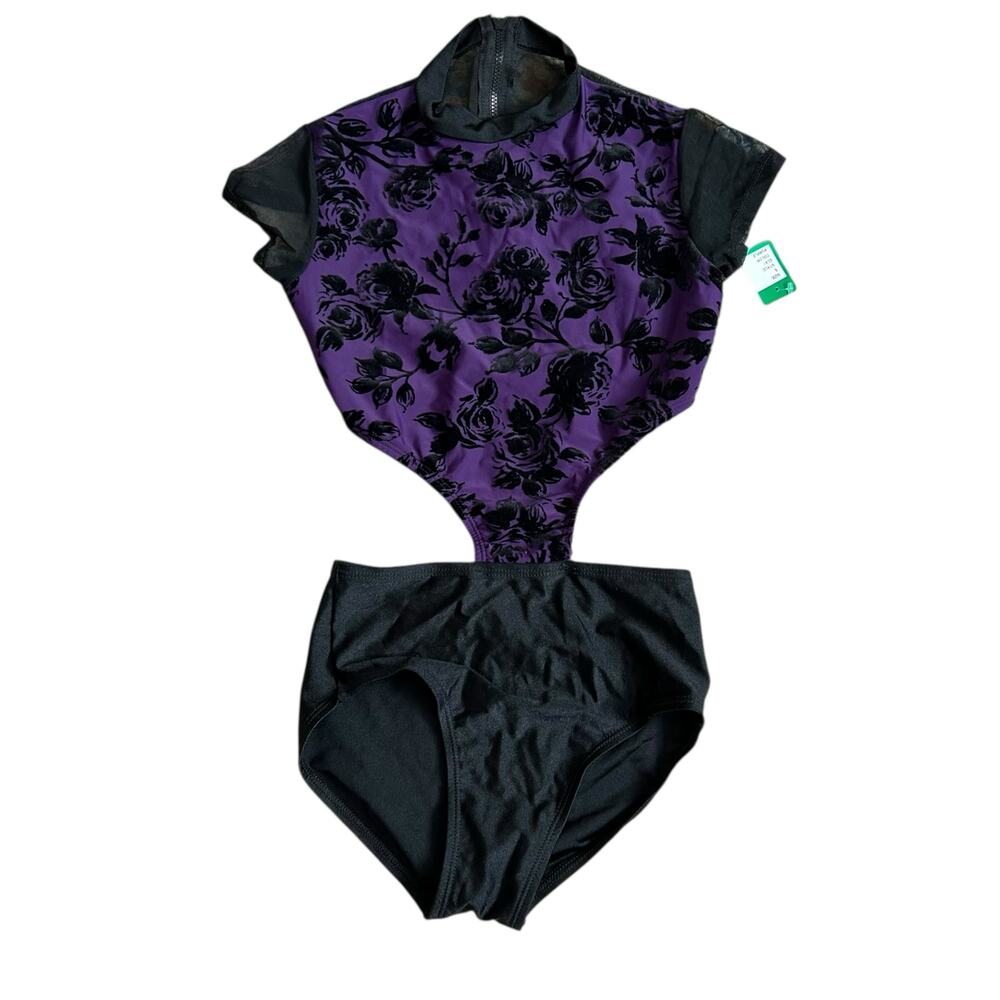 High Neck Dance Leotard Adult Size Small Purple Black Floral Side Waist Cutout